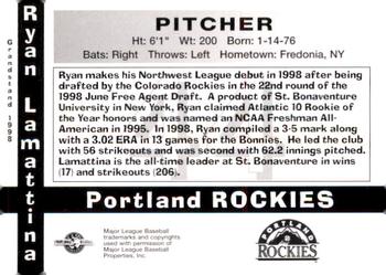 1998 Grandstand Portland Rockies #NNO Ryan Lamattina Back