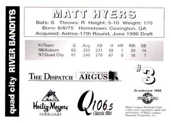 1998 Grandstand Quad City River Bandits #NNO Matt Hyers Back