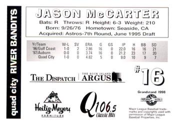 1998 Grandstand Quad City River Bandits #NNO Jason McCarter Back