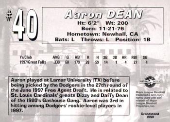 1998 Grandstand San Bernardino Stampede #NNO Aaron Dean Back