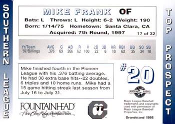 1998 Grandstand Southern League Top Prospects #17 Mike Frank Back