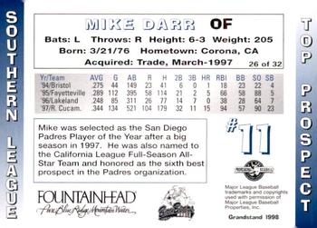 1998 Grandstand Southern League Top Prospects #26 Mike Darr Back