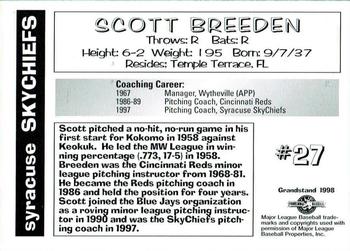 1998 Grandstand Syracuse SkyChiefs #NNO Scott Breeden Back
