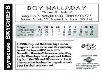 1998 Grandstand Syracuse SkyChiefs #NNO Roy Halladay Back