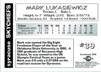 1998 Grandstand Syracuse SkyChiefs #NNO Mark Lukasiewicz Back