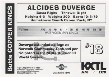1999 Grandstand Butte Copper Kings #NNO Alcides Duverge Back