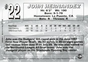 1999 Grandstand San Bernardino Stampede #NNO John Hernandez Back