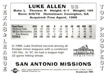1999 Grandstand Texas League Top Prospects #NNO Luke Allen Back