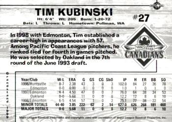 1999 Grandstand Vancouver Canadians #NNO Tim Kubinski Back