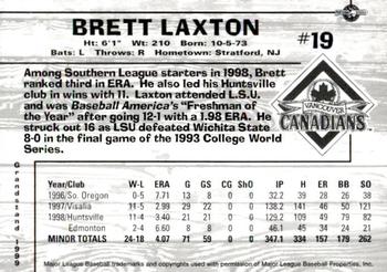 1999 Grandstand Vancouver Canadians #NNO Brett Laxton Back