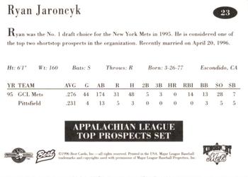 1996 Best Appalachian League Top Prospects #23 Ryan Jaroncyk Back