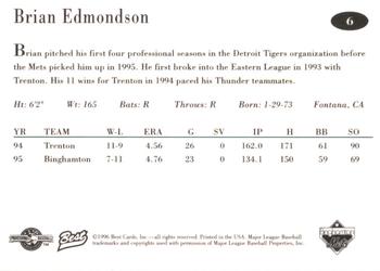 1996 Best Binghamton Mets #6 Brian Edmondson Back