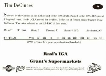 1996 Best Bluefield Orioles #9 Tim DeCinces Back