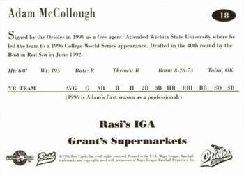 1996 Best Bluefield Orioles #18 Adam McCollough Back
