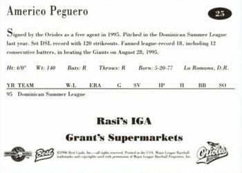 1996 Best Bluefield Orioles #25 Americo Peguero Back