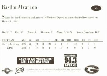 1996 Best Delmarva Shorebirds #6 Basilio Alvarado Back