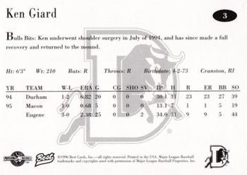 1996 Best Durham Bulls Blue #3 Ken Giard Back