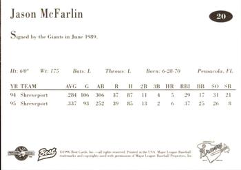 1996 Best Greenville Braves #20 Jason McFarlin Back