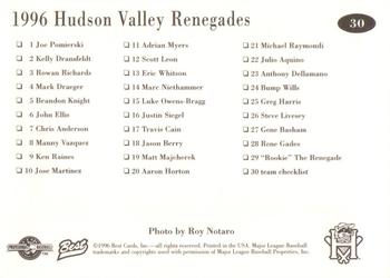 1996 Best Hudson Valley Renegades #30 Hudson Valley Renegades Back