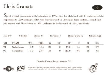 1996 Best Kinston Indians #9 Chris Granata Back