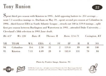 1996 Best Kinston Indians #22 Tony Runion Back