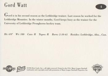 1996 Best Lethbridge Black Diamonds #4 Gord Watt Back