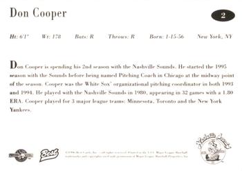 1996 Best Nashville Sounds #2 Don Cooper Back