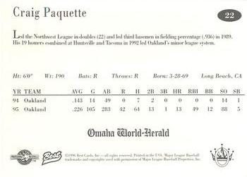 1996 Best Omaha Royals #22 Craig Paquette Back