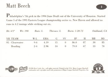 1996 Best Reading Phillies #1 Matt Beech Back