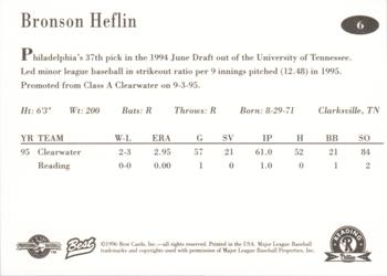 1996 Best Reading Phillies #6 Bronson Heflin Back