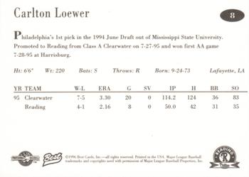 1996 Best Reading Phillies #8 Carlton Loewer Back