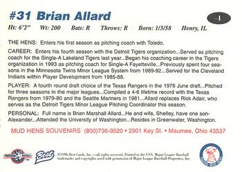 1996 Best Toledo Mud Hens #4 Brian Allard Back