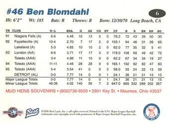 1996 Best Toledo Mud Hens #6 Ben Blomdahl Back