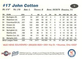 1996 Best Toledo Mud Hens #9 John Cotton Back