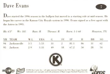 1996 Best Tucson Toros #7 Dave Evans Back