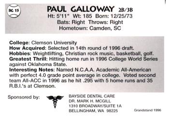 1996 Grandstand Bellingham Giants #BG 15 Paul Galloway Back
