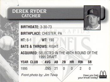 1996 Cedar Rapids Kernels #NNO Derek Ryder Back