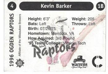 1996 Ogden Raptors #4 Kevin Barker Back