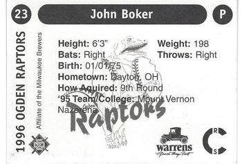 1996 Ogden Raptors #23 John Boker Back