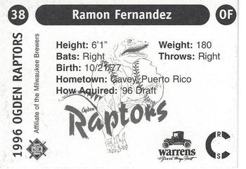 1996 Ogden Raptors #38 Ramon Fernandez Back
