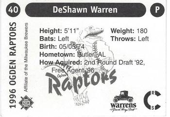 1996 Ogden Raptors #40 DeShawn Warren Back