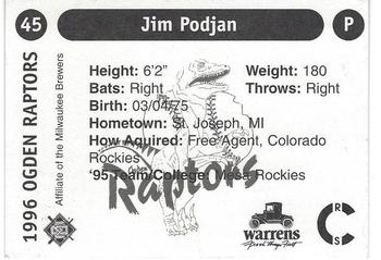 1996 Ogden Raptors #45 Jim Podjan Back