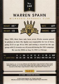 2015 Panini Diamond Kings #140 Warren Spahn Back
