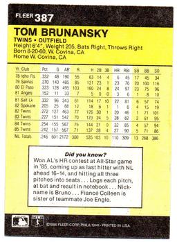 1986 Fleer #387 Tom Brunansky Back