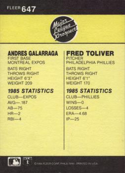 1986 Fleer #647 Fred Toliver / Andres Galarraga Back