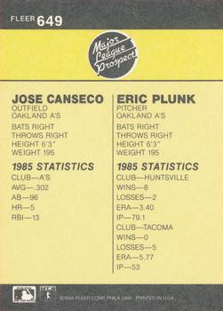 1986 Fleer #649 Eric Plunk / Jose Canseco Back