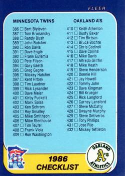1986 Fleer #658 Checklist: Twins / A's / Phillies / Mariners Front