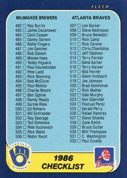 1986 Fleer #659 Checklist: Brewers / Braves / Giants / Rangers Front