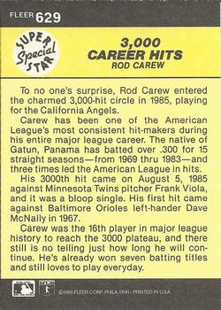 1986 Fleer #629 3,000 Career Hits (Rod Carew) Back