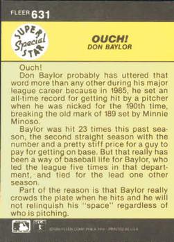 1986 Fleer #631 Ouch! (Don Baylor) Back